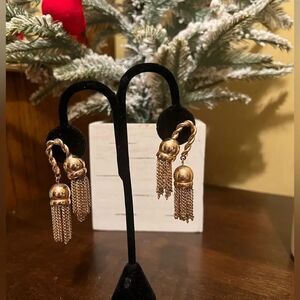 RARE VINTAGE BARTEK DOUBLE TASSEL GOLD CLIP EARRINGS